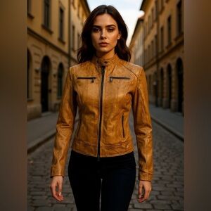 Florence Moon Italy Women’s Leather Moto Jacket - Cognac– XS -NWT